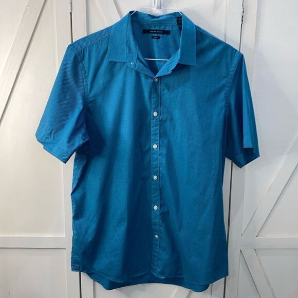 Perry Ellis Men's Slim Fit Short Sleeve Button Down Collared Shirt In Blue Large - Picture 1 of 11